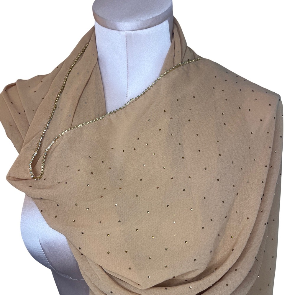 Tan Chiffon‎ Evening Wrap Scarf Gold Rhinestone Trim Formal Shawl Fairy Etherial